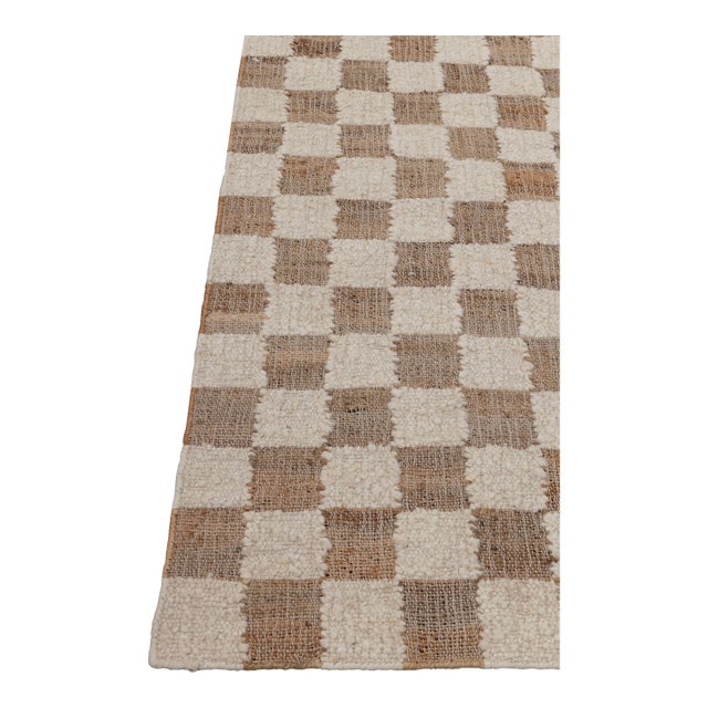 2.6x6Ft. Checkered Natural Wool Jute Ivory Hand Woven Premium Quality Rug For Sale
