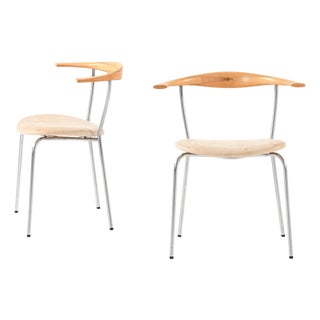 Vintage Armchairs in Birch and Leather by Hans Wegner, 1960s, Set of 2 For Sale