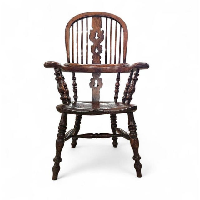 Wide arm arch back antique Windsor chair / Ash Elm rustic farmhouse Yorkshire Windsor chair / 19th century