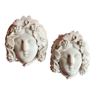 Antique English Regency Architectural Elements - Carved White Statuary Marble Masks or Wall Plaques - Classical Youths With Grapevine Hair - A Pair For Sale
