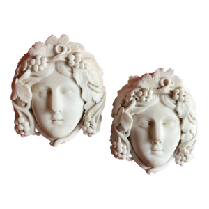Antique English Regency Architectural Elements - Carved White Statuary Marble Masks or Wall Plaques - Classical Youths With Grapevine Hair - A Pair