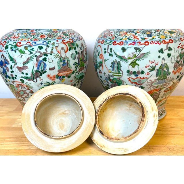 Pair Monumental Chinese Famille Verte Buddhist Ginger Jars, Late Qing Dynasty For Sale In West Palm - Image 6 of 18