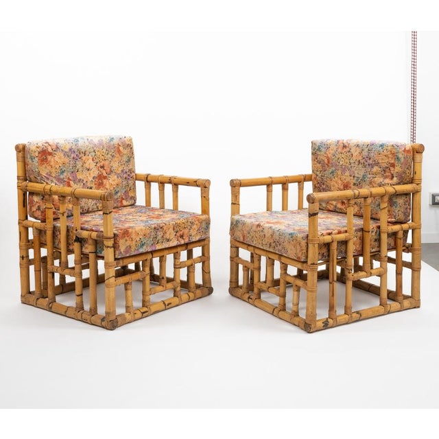 Midcentury amazing geometric pair of armchairs in bamboo, rattan and fabric by Vivai Del Sud. Made in Italy in the 1970s....