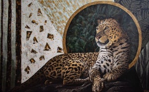 Where the Spots Come From by Andrada Trapnell | Oil on canvas Leopard resting with foliage background