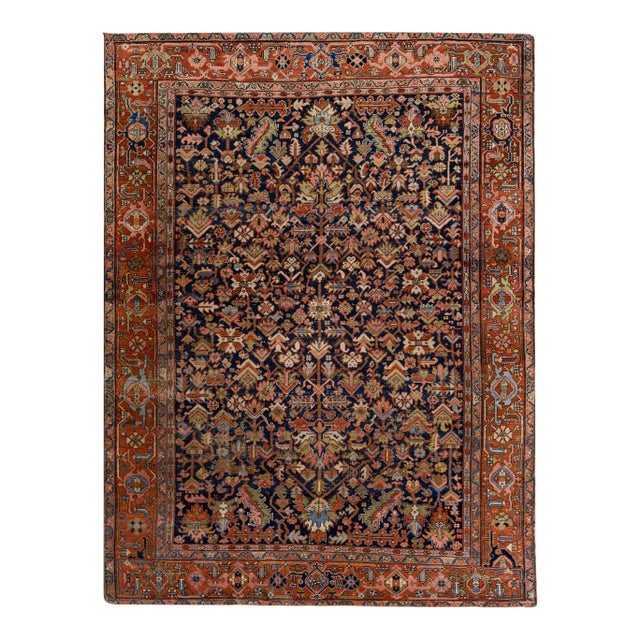 Blue Antique Persian Serapi Handmade Wool Rug With Allover Floral Pattern For Sale
