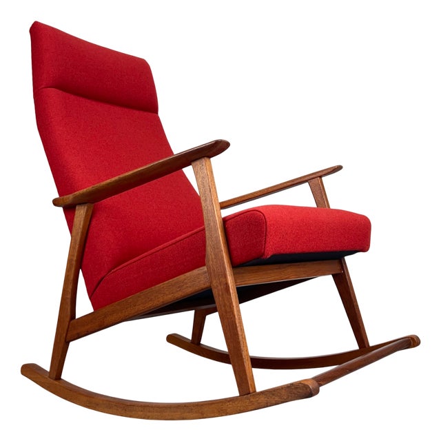 Mid-Century Modern Teak Rocking Chair with Rust-Red Wool, 1960s For Sale