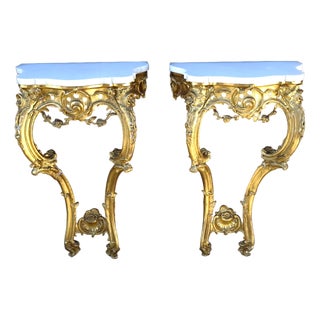 Pair 18th Century Rococo Style Carved Giltwood Marble Top Side Tables For Sale