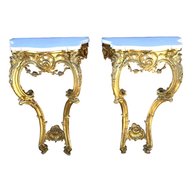 Pair 18th Century Rococo Style Carved Giltwood Marble Top Side Tables For Sale