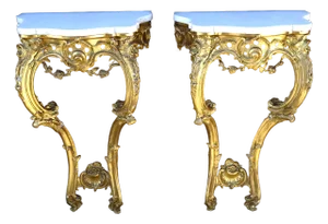 Pair 18th Century Rococo Style Carved Giltwood Marble Top Side Tables