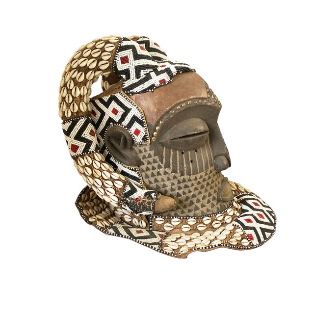 African Vintage Large African Tribal Beaded Kuba Royal Head Mask Congo 15" H For Sale - Image 3 of 9