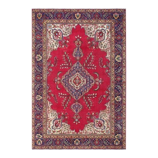 Vintage Shabby Chic Tabriz Red/Blue Wool Rug - 6'9'' X 9'5'' For Sale