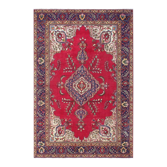 Vintage Shabby Chic Tabriz Red/Blue Wool Rug - 6'9'' X 9'5'' For Sale