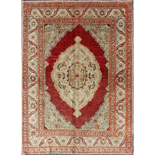 Textile Antique Oushak Rug With Floral Medallion in Light Green, Ivory, Taupe & Red For Sale - Image 7 of 7