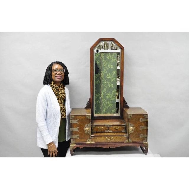 Antique Japanese Wood & Brass Small Low Kyodai Vanity Dressing Table with Beveled Glass Mirror and Paper Lined Interior...