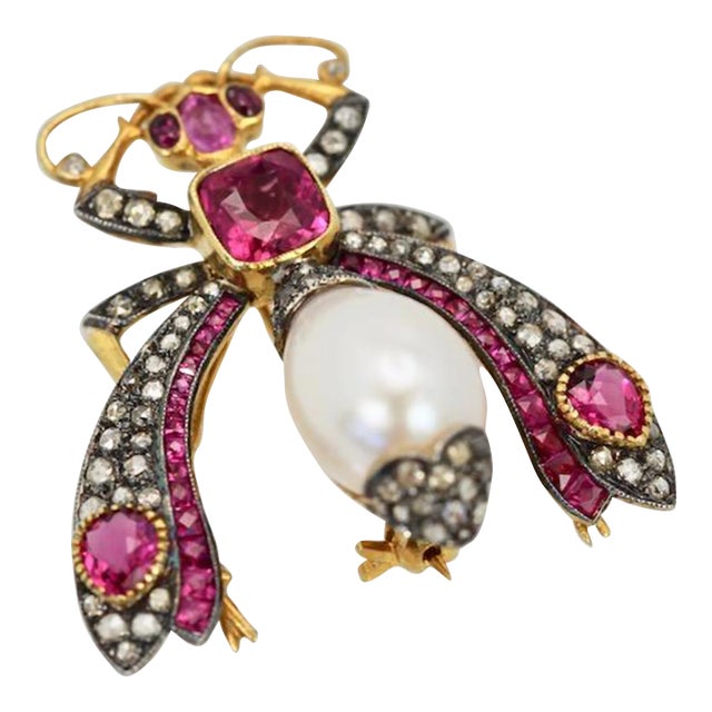 Antique Ruby Pearl Diamond 18k Insect Brooch Pendant For Sale