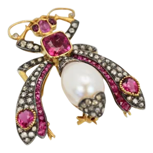 Antique Ruby Pearl Diamond 18k Insect Brooch Pendant