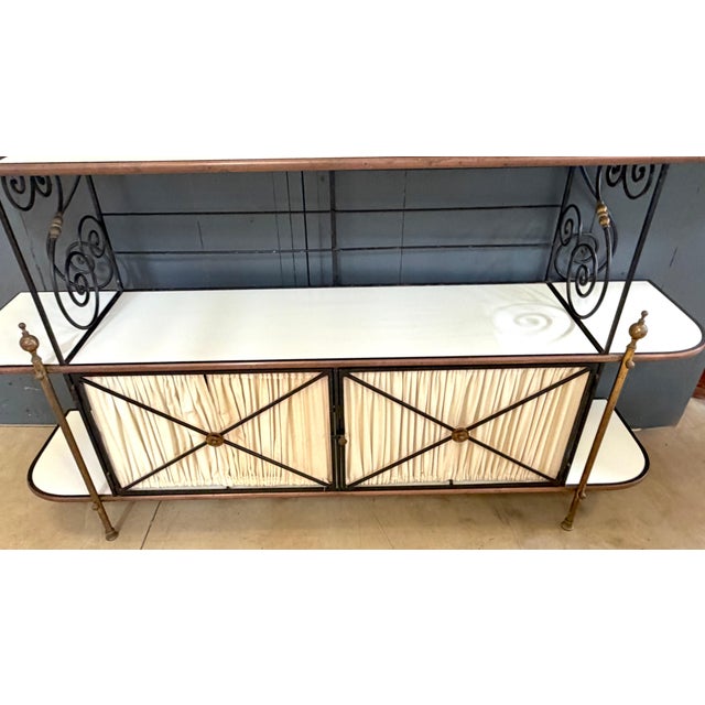Maison Jansen Style Iron Brass & White Glass Bakers Rack with Cabinet, 1950s For Sale - Image 11 of 18