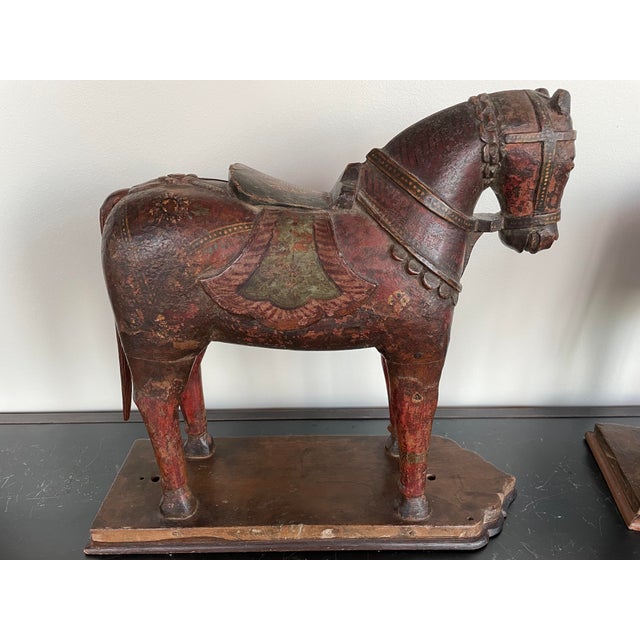 Burgundy Pair of Early 20th Century Wood Horses For Sale - Image 8 of 13