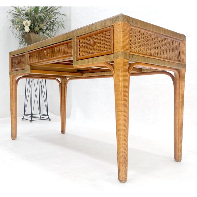 Vintage Mid Century c1970s Wicker Low Profile 3 Drawer Desk Console Mint For Sale - Image 10 of 13