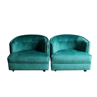 Aqua Velvet Barrel Back Club Chairs - Pair For Sale