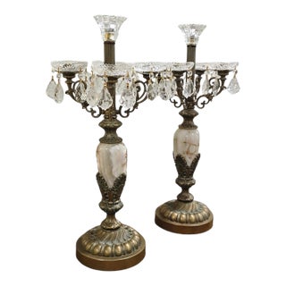 Pair of Vintage 1980s Onyx & Crystal Five-Arm Candelabras For Sale