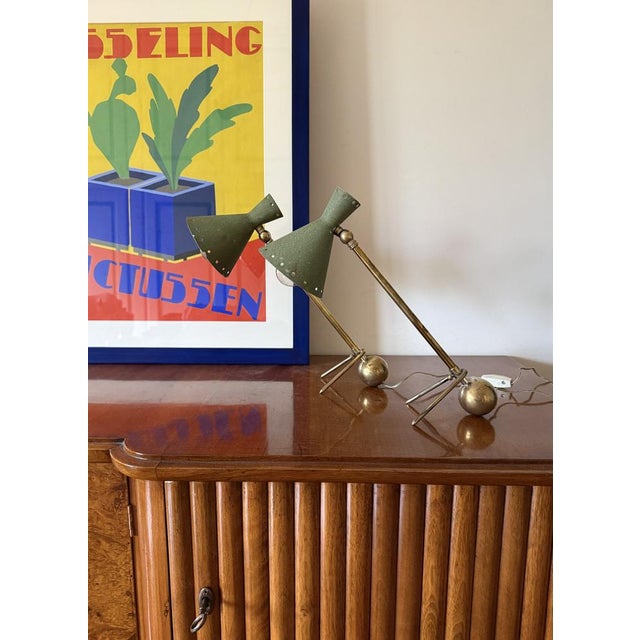 Mid-century set of 2 table lamps attributed to Stilnovo Milano Italy, 1950s brass, aluminum articulating arm with...