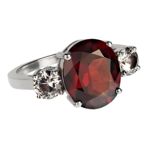 Classic Three Stone Ring of Garnet and White Sapphires Size 8
