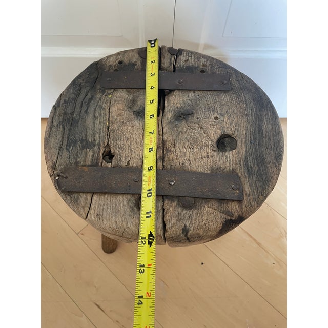 Antique 3 Legged Milking Butcher Stool Reinforced Primitive Iron Straps For Sale - Image 4 of 12