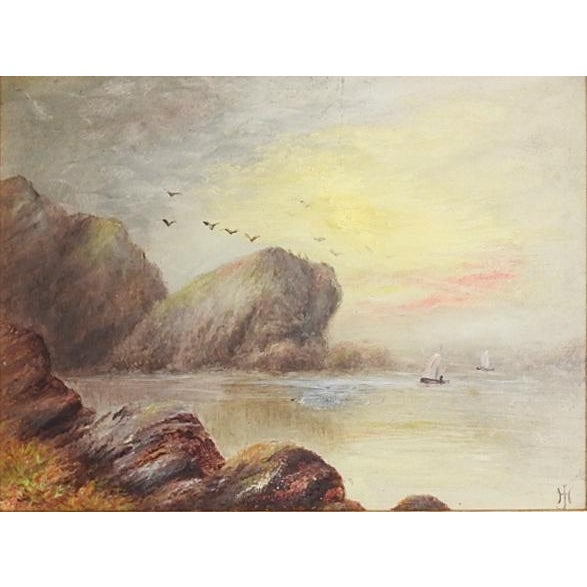 1911 oil on board painting of rocky sea coast with sail boats. Initialed JH lower right corner, note on verso titled...