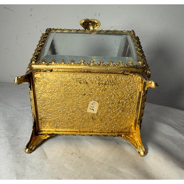 Antique Gold Gilded Brass Beveled Glass Velour Jewelry Casket Jar Box Display For Sale - Image 12 of 12