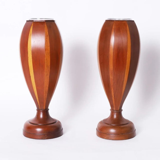 Burnt Umber Pair of Mid-Century Glass Lined Wood Vases For Sale - Image 8 of 8