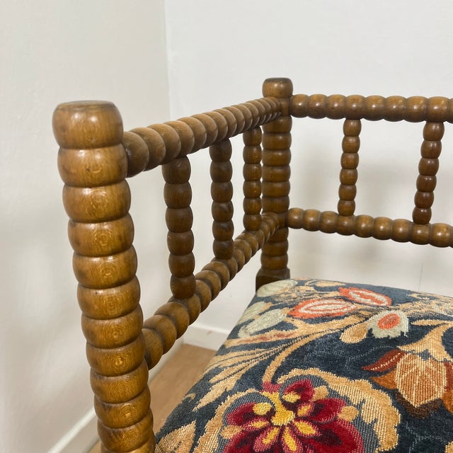 Wood 20th Century Corner Chairs in Turned Wood with Bobbins and Fabric Seats, 1950s, Set of 2 For Sale - Image 7 of 14