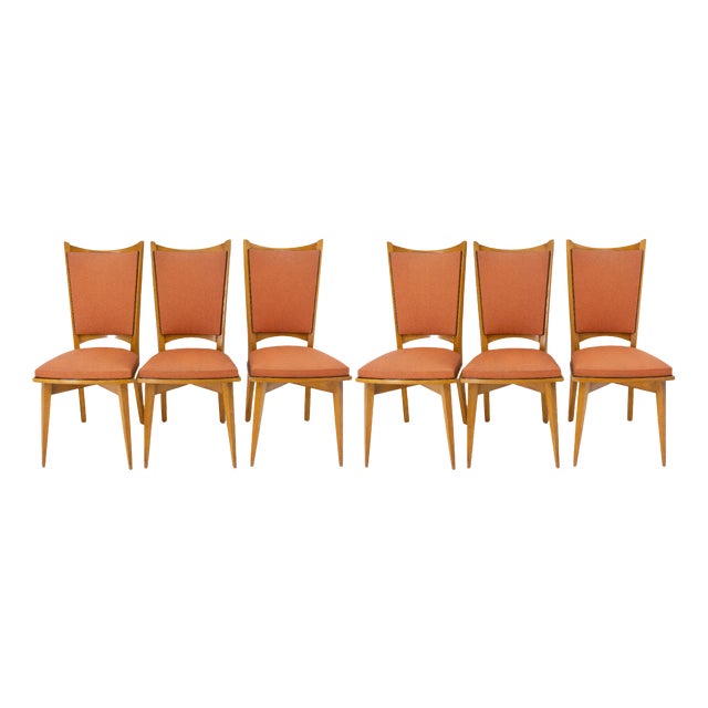 Mid-Century Dining Chairs in Beech and Red Moleskine, France, 1950s, Set of 6 For Sale