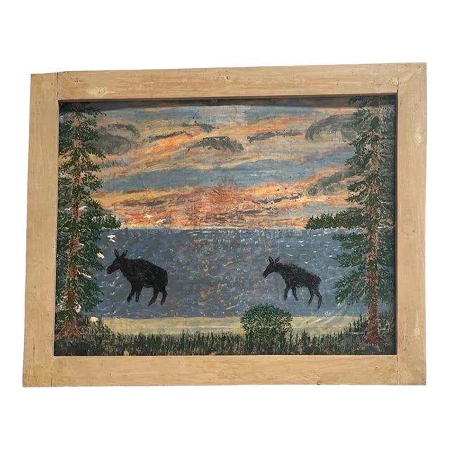 Vintage Wooden Frame Abstract Nature Drawing For Sale