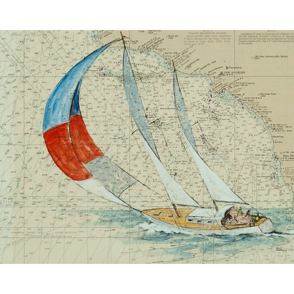 Colorful Catalina Island sailboat (in gouache) by Renner (LR) painted over a chart map of the waters off the coast of So...