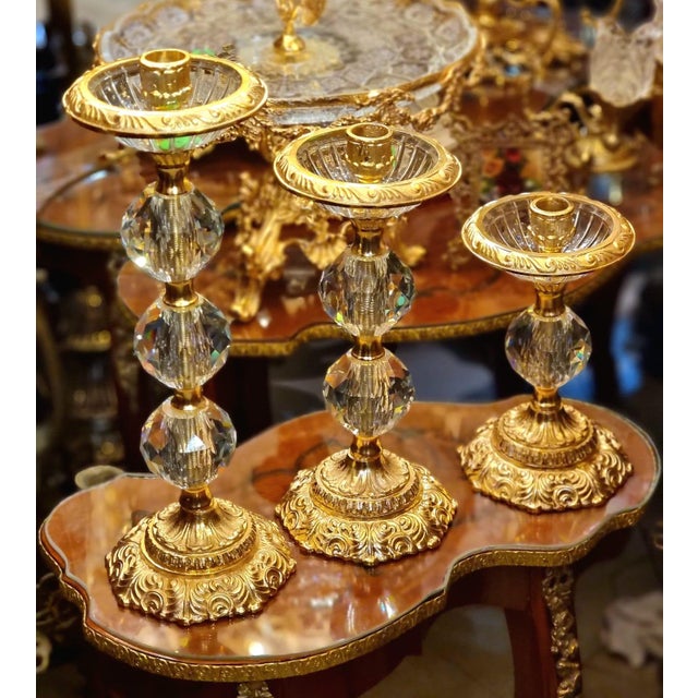 2020s Set of 3 Crystal & Gilded Brass Candlestick Holders – French Style Decorative Candleholders For Sale - Image 5 of 5