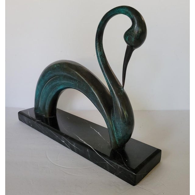Contemporary Italian Bronze Swan Sculpture on Black Marble Base in Art Deco Revival Style For Sale - Image 4 of 9