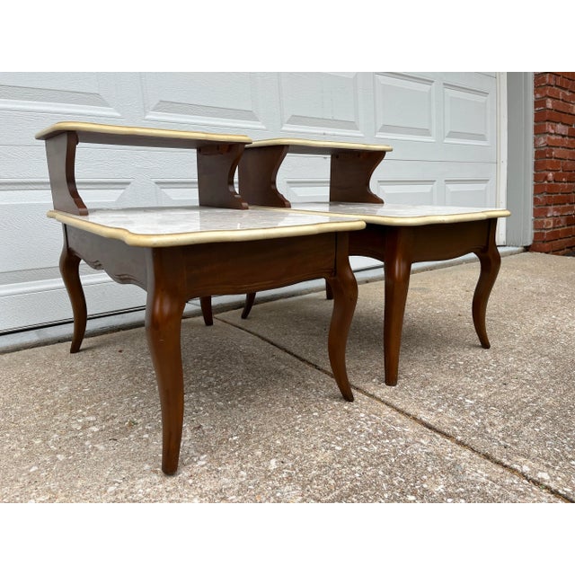 Late 20th Century Mid Century Modern Walnut and Faux Marble Two-Tiered Side End Tables- Set of 2 For Sale - Image 5 of 12