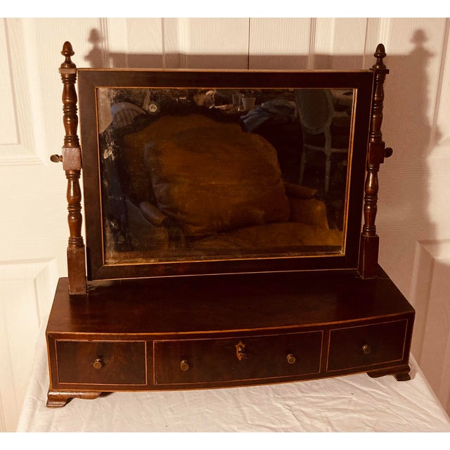 English Antique English Federal Bow Front “Dressing Glass” Table Mirror Mahogany With Satinwood Inlay Triple Drawer For Sale - Image 3 of 11