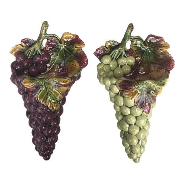 French Majolica Grapes Wall Pockets -A Pair For Sale