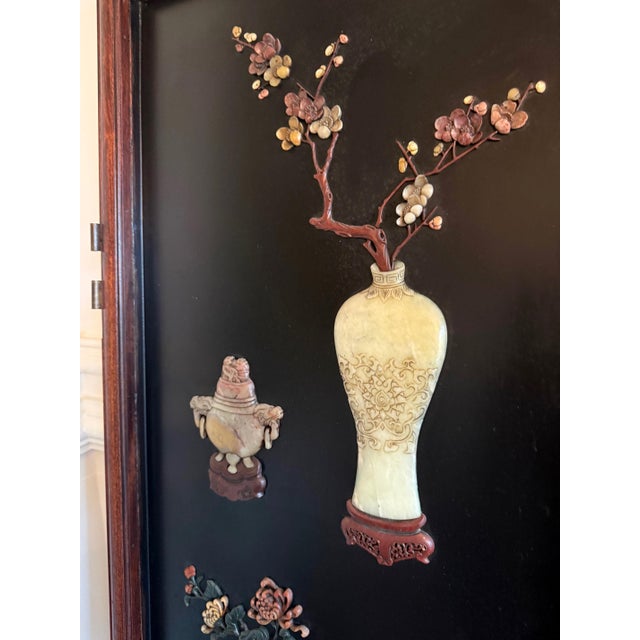 Chinese Lacquered Wood Folding Floor Screen with Gemstone Inlays For Sale - Image 12 of 18