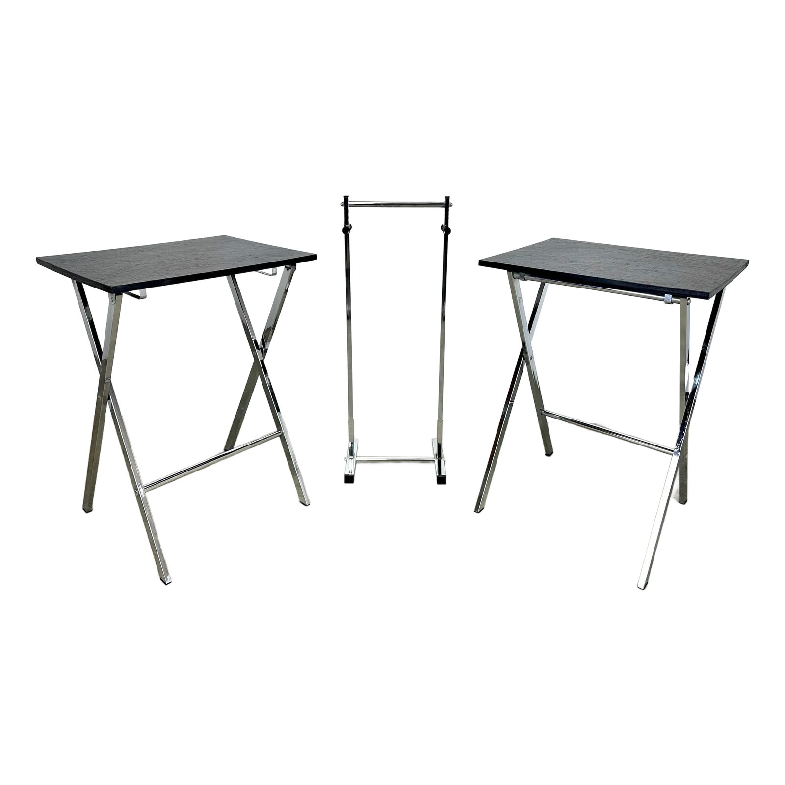 Vintage 1970's Modern Folding Chrome & Faux Slate Tray Tables