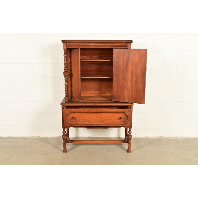 1920s Antique English Jacobean Carved Oak Bar Cabinet, Circa 1920s For Sale - Image 5 of 14