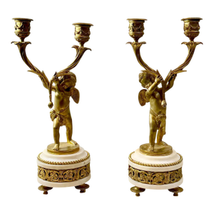 French Louis XVI Bronze Doré Candlesticks With Cherubs on Marble Plinths - A Pair