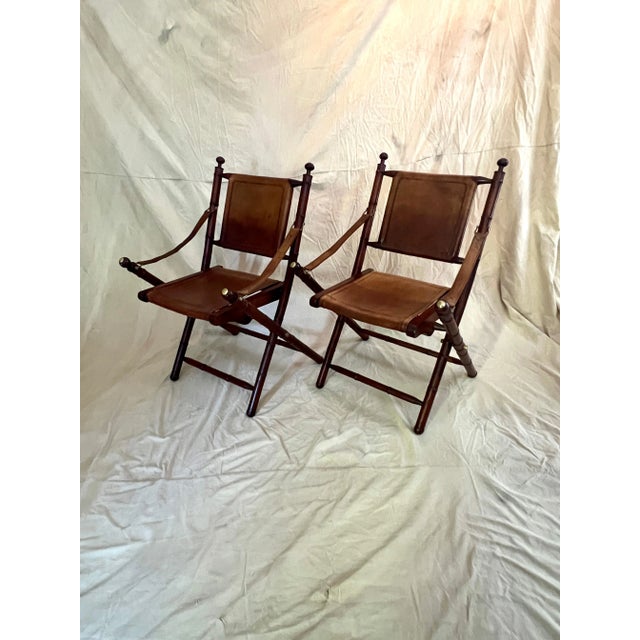 Pair of Faux Bamboo Folding Leather and Wood Campaign Chairs with Brass Details For Sale - Image 12 of 12