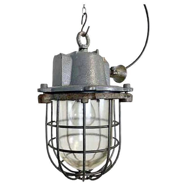 Industrial Grey Cast Iron Cage Pendant Light, 1960s For Sale