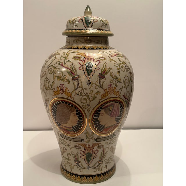 Large Portrait Motif Majolica Lidded Vases -a Pair For Sale - Image 14 of 17