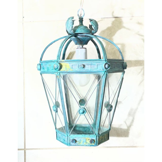 Metal Vintage Style Solid Brass Verdigris Hanging Lantern - Restored & Rewired For Sale - Image 7 of 14