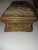 Charming antique French or Italian paint decorated box in green and gold with worn roses and a center medallion that is a...