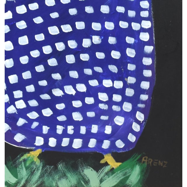 Blue and White Original Folk Art Chicken Hen Painting by Ruth Arenz Including the Antiqued Gold Wood Frame For Sale - Image 4 of 6